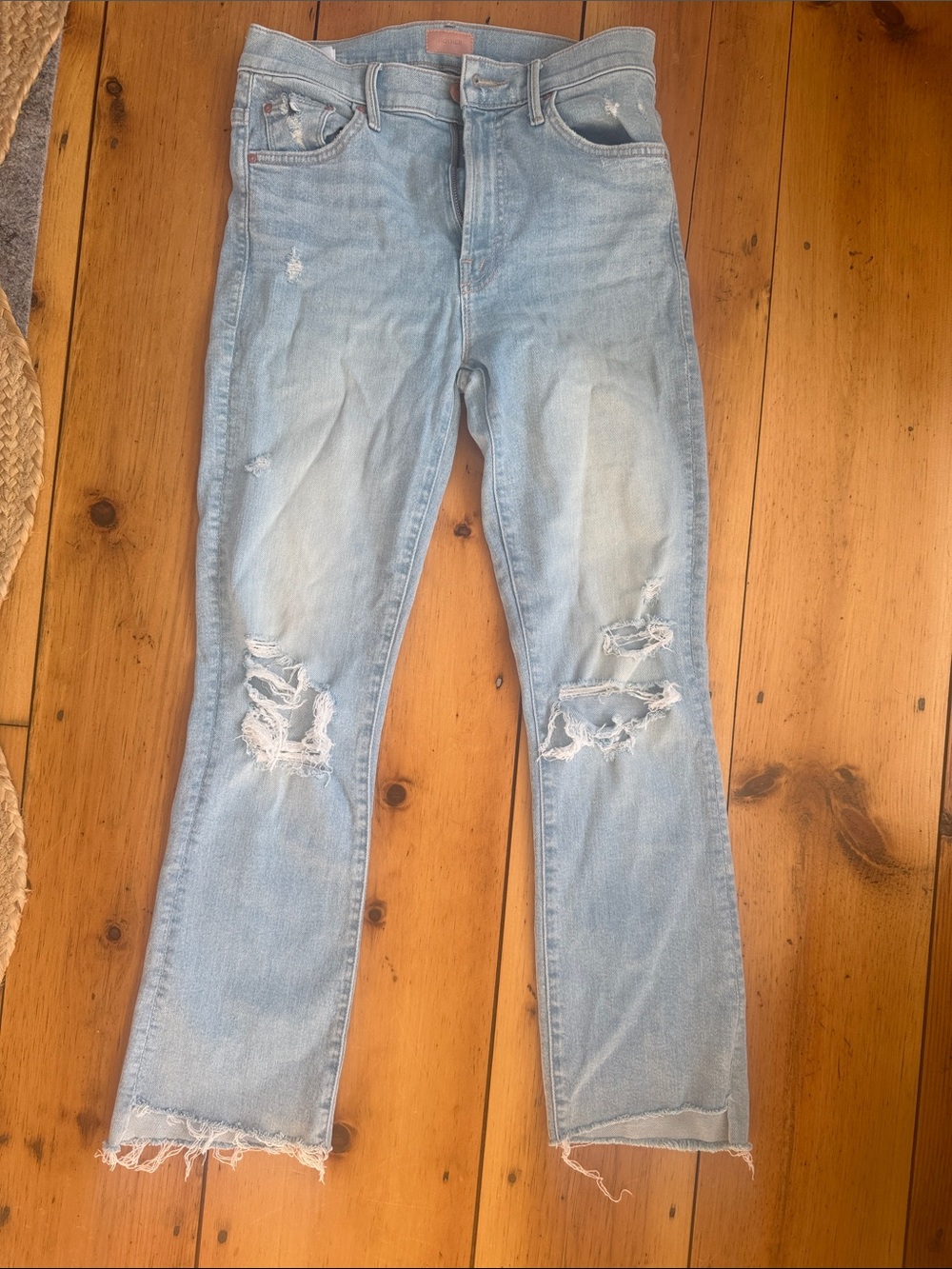 Mother Light Wash Distressed Straight-Leg Jeans